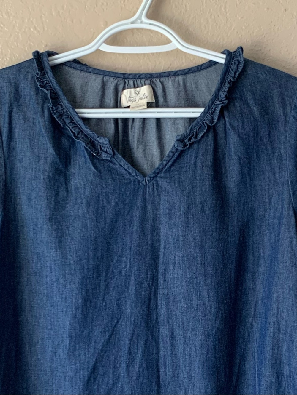 TRE’S JOLIE Chambray Boho Cottagecore Ruffle Bell Sleeve Pheasant Top Size S - Picture 5 of 6